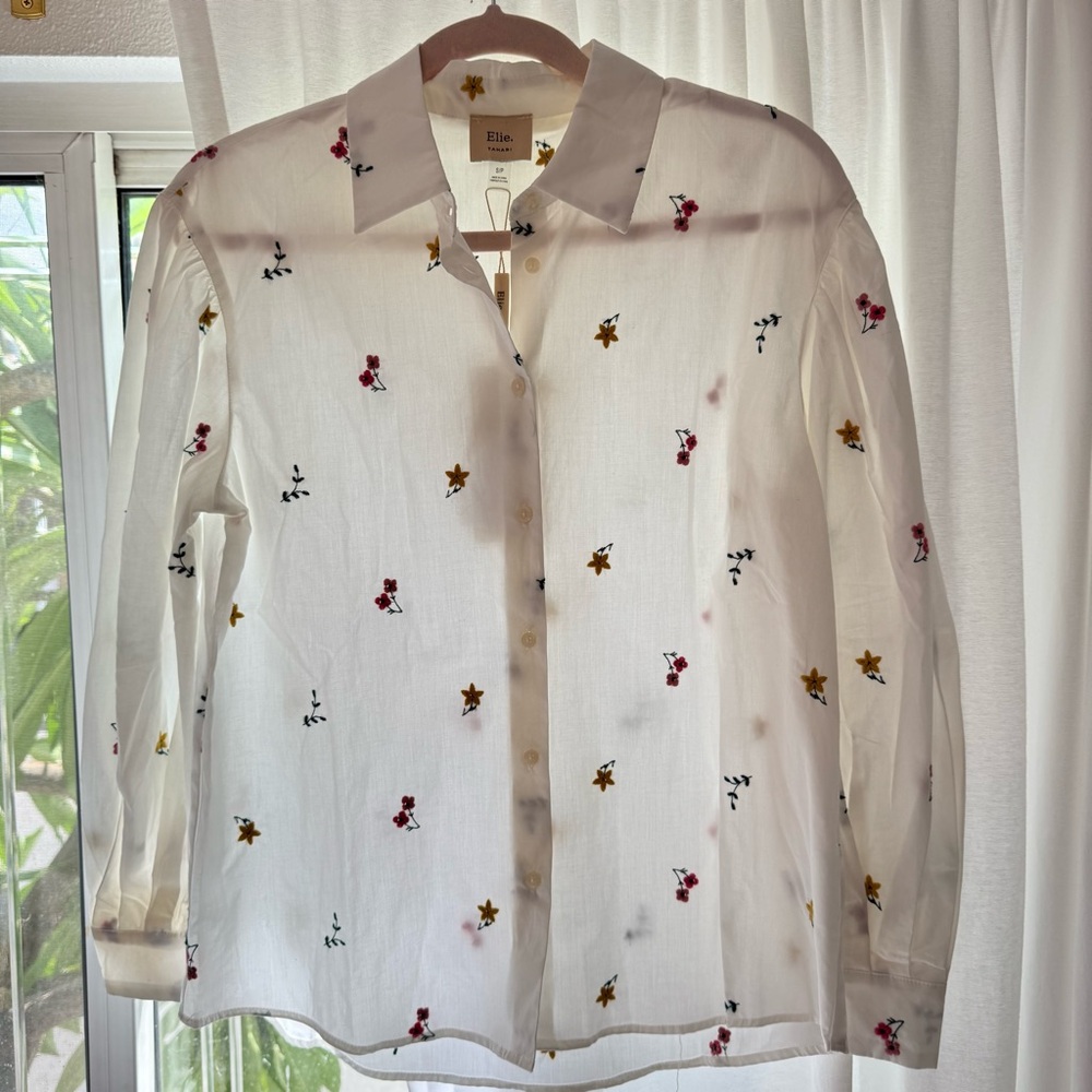 Elie Tahari White Floral Embroidered Button Down Long Sleeve Shirt Small NWT